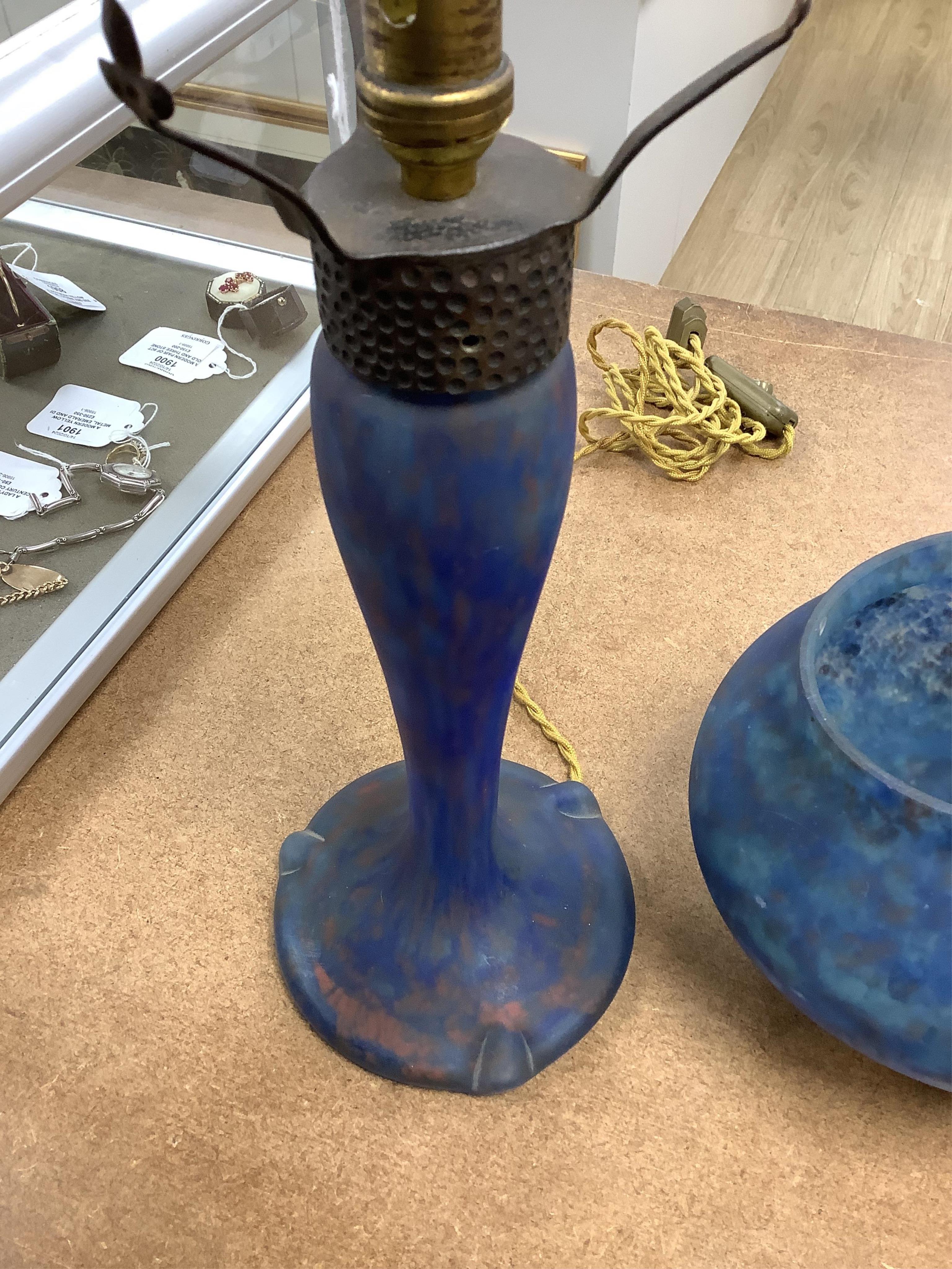 Art Nouveau, ‘Delatte’ mushroom blue glass lamp with hammered metal mount, 45cm high. Condition - good